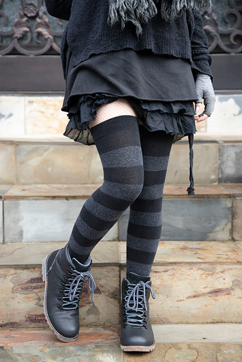 Striped Extraordinary Thigh High Socks - Black/Dark Charcoal