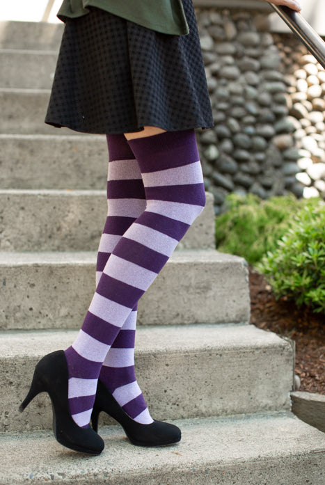 Striped Extraordinary Thigh High Socks - Lilac/Plum