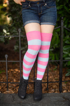 Extraordinary Striped Thigh High Socks - Bubblegum & Lt. Blue