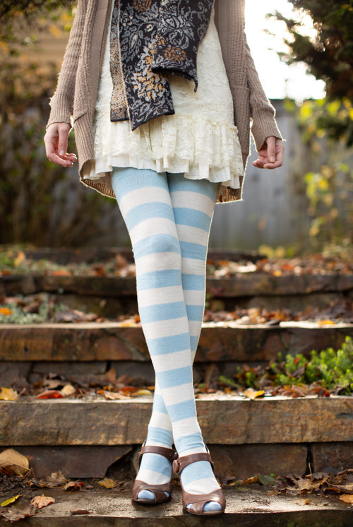 Extraordinarily Longer Striped Thigh High Socks - Lt. Blue & Sweet Cream
