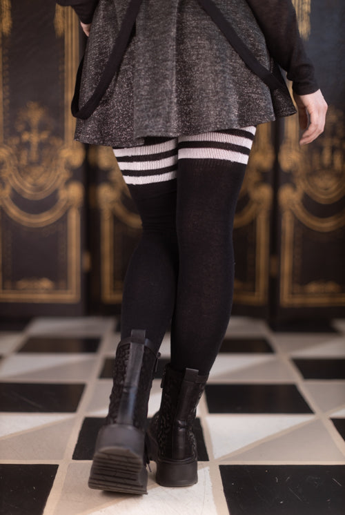 Cotton Top-Striped Extraordinarily Longer Thigh High - Black w/ White