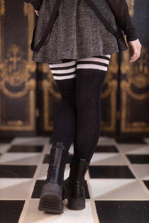 Cotton Top-Striped Extraordinarily Longer Thigh High - Black w/ White