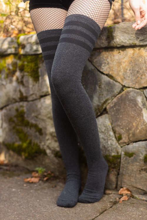 Longer Cotton Top-Striped Extraordinary Thigh High - Dark Charcoal with Black