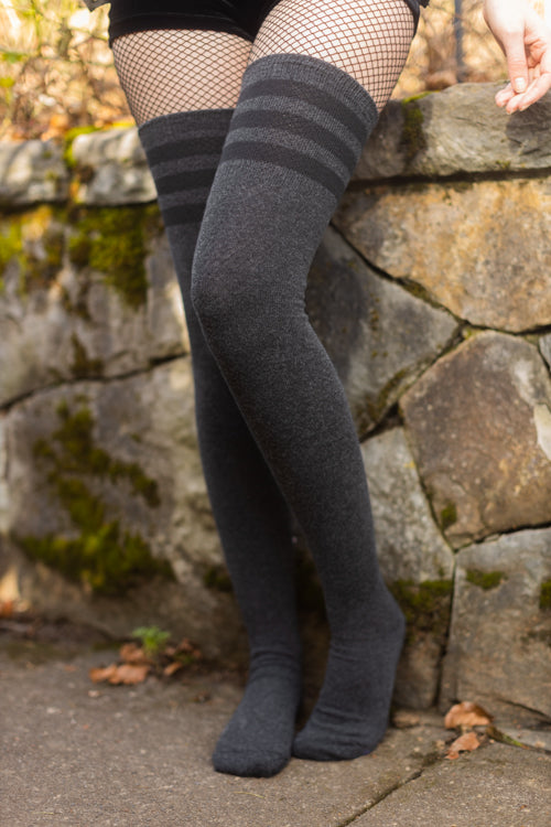 Cotton Top-Striped Extraordinarily Longer Thigh High - Dark Charcoal w/ Black