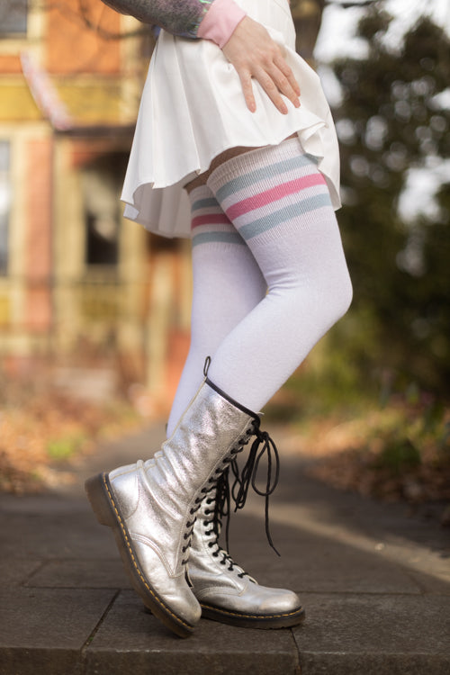 Cotton Top-Striped Extraordinarily Longer Thigh High - White w/ Light Blue & Bubblegum