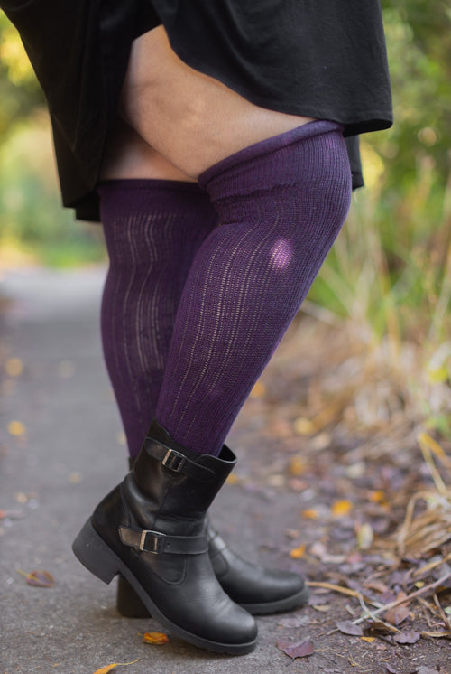 M45 Ribbed Thigh High with Roll Top - Plum