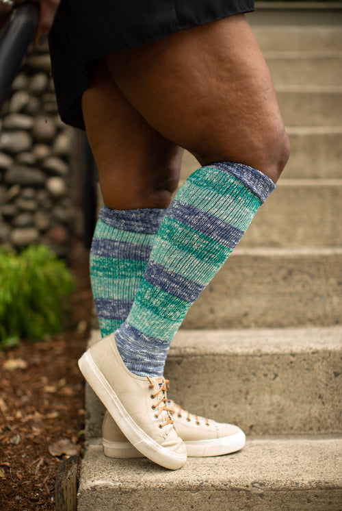 Marled Stripe Knee Socks - Ocean