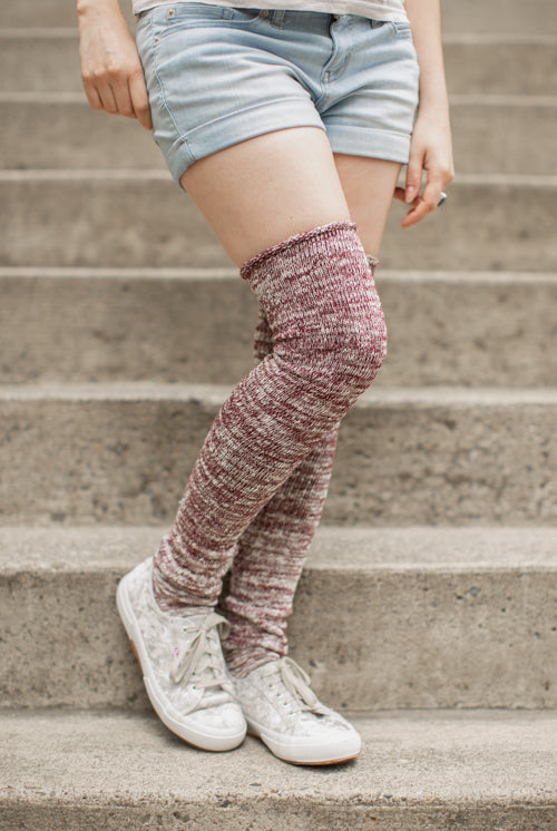 Marled Scrunchable Thigh High Socks - Dark Red