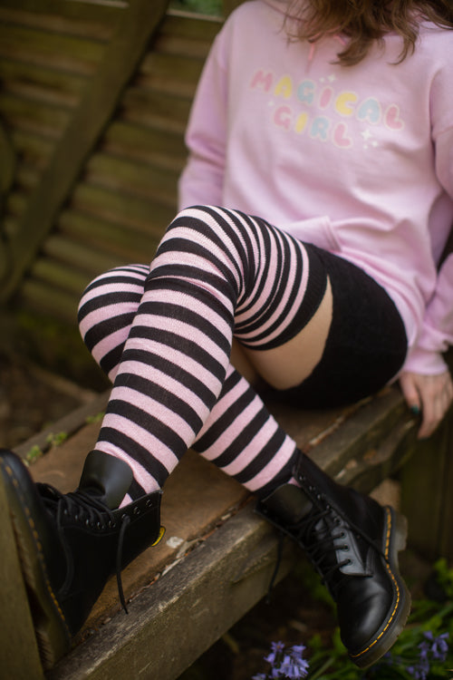M Stripes Thigh High Socks - Black/Pink