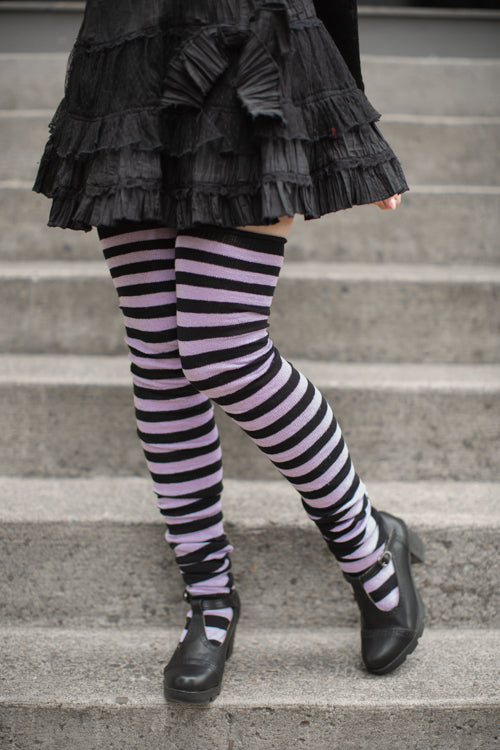 M Stripes Thigh High Socks - Black/Lilac