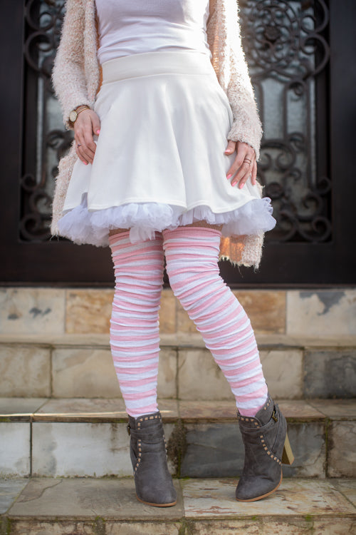 M Stripes Thigh High Socks - Pink/White