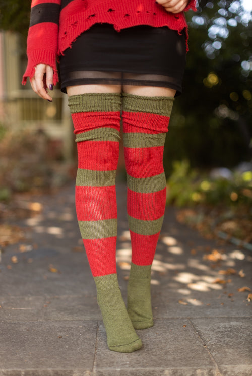 Nightmare Sweater Stripes Thigh High - Olive/Red