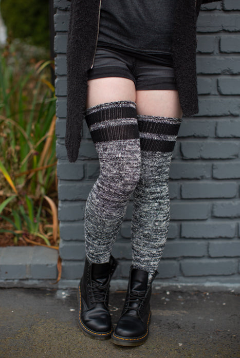 Top-Striped Marled Scrunchable Thigh High Socks - black