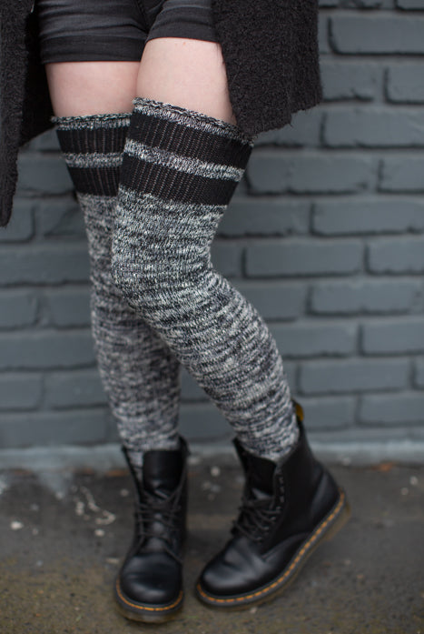 Top-Striped Marled Scrunchable Thigh High Socks - black