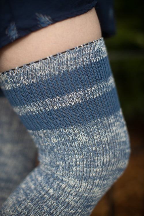 Top-Striped Marled Scrunchable Thigh High Socks - denim