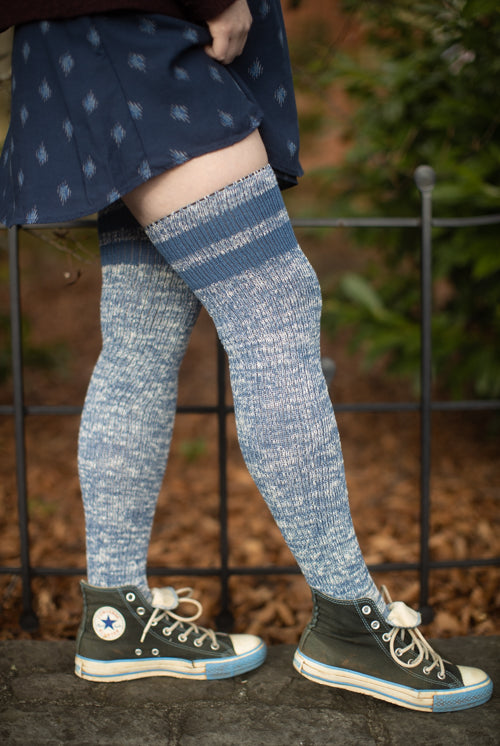 Top-Striped Marled Scrunchable Thigh High Socks - denim