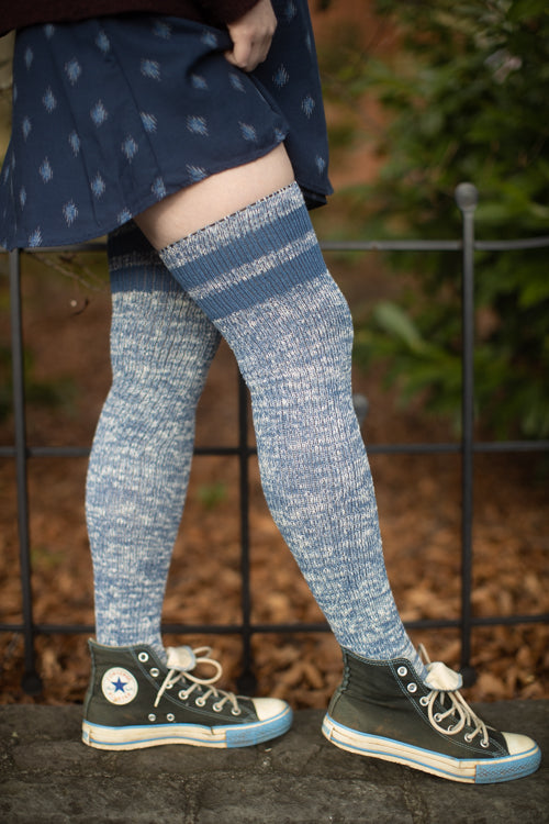 Top-Striped Marled Scrunchable Thigh High Socks - denim