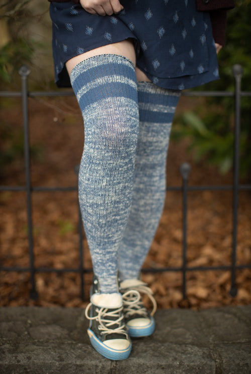 Top-Striped Marled Scrunchable Thigh High Socks - denim
