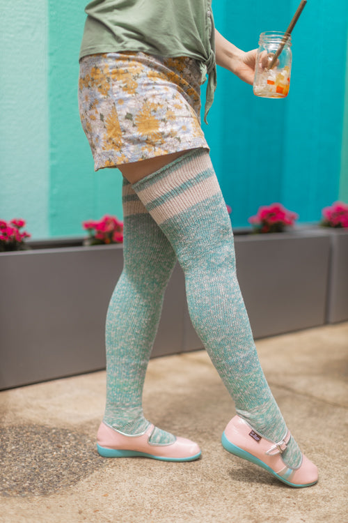 Top-Striped Marled Scrunchable Thigh High Socks - seafoam with sweet cream