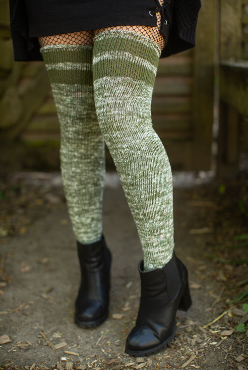 Top-Striped Marled Scrunchable Thigh High Socks - olive