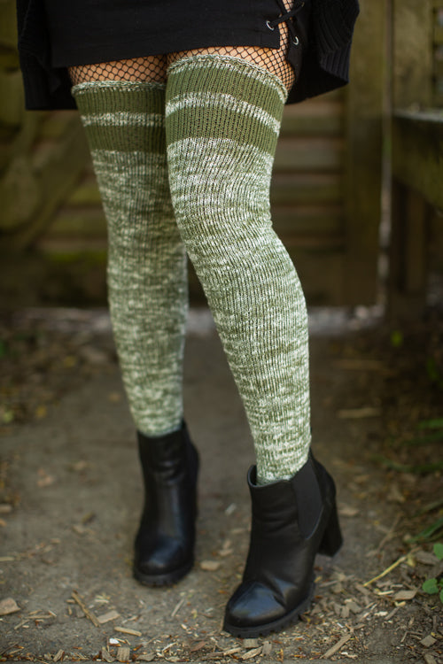 Top-Striped Marled Scrunchable Thigh High Socks - olive