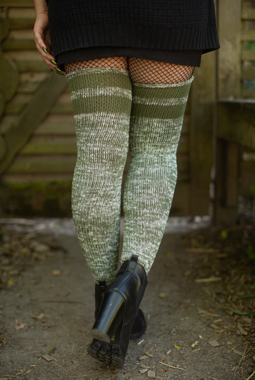 Top-Striped Marled Scrunchable Thigh High Socks - olive