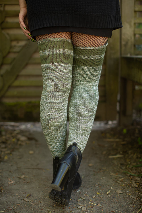 Top-Striped Marled Scrunchable Thigh High Socks - olive
