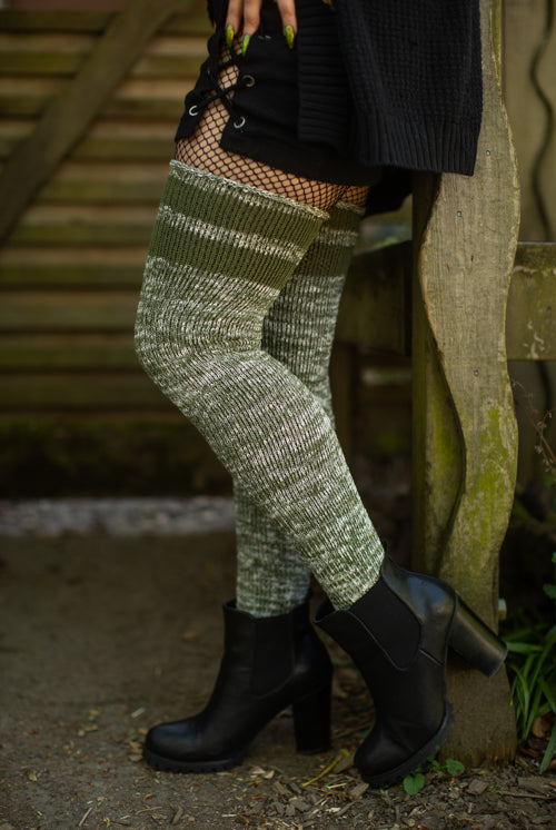 Top-Striped Marled Scrunchable Thigh High Socks - olive