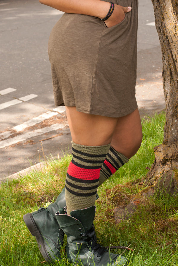 Dreamy Striped OTK Tube Socks - Olive/Red/Black