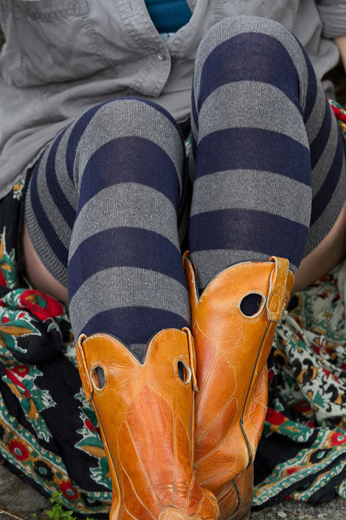 Extraordinarily Longer Striped Thigh High Socks - Anthracite & Navy