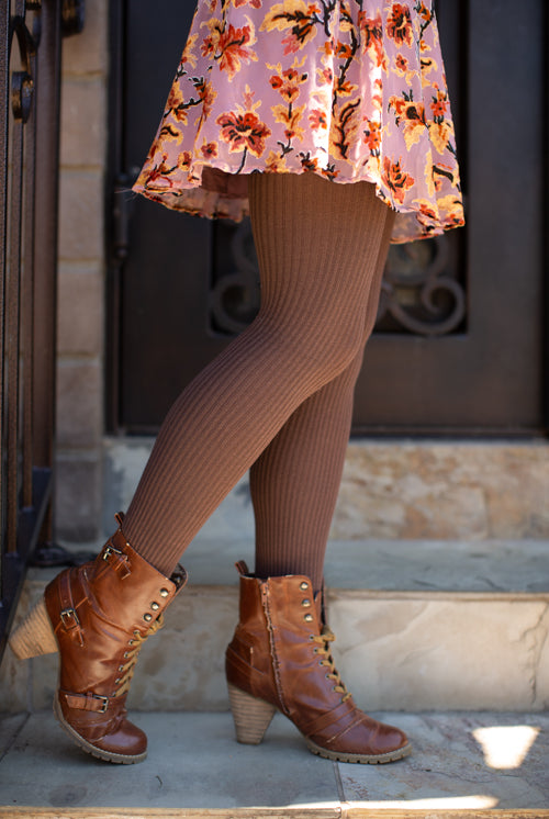 Bamboo Rayon Ribbed Tights - Brown