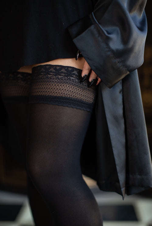 Vital Opaque Stocking with Stay Up Lace Top - Black - Medium