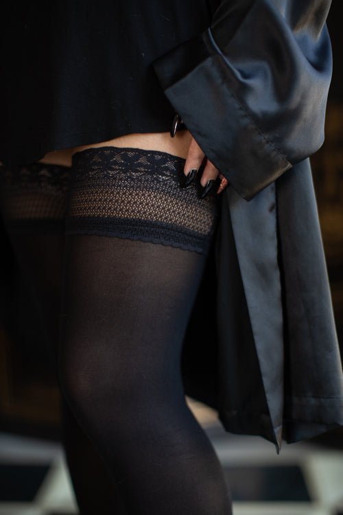 Vital Opaque Stocking with Stay Up Lace Top - Black - Medium