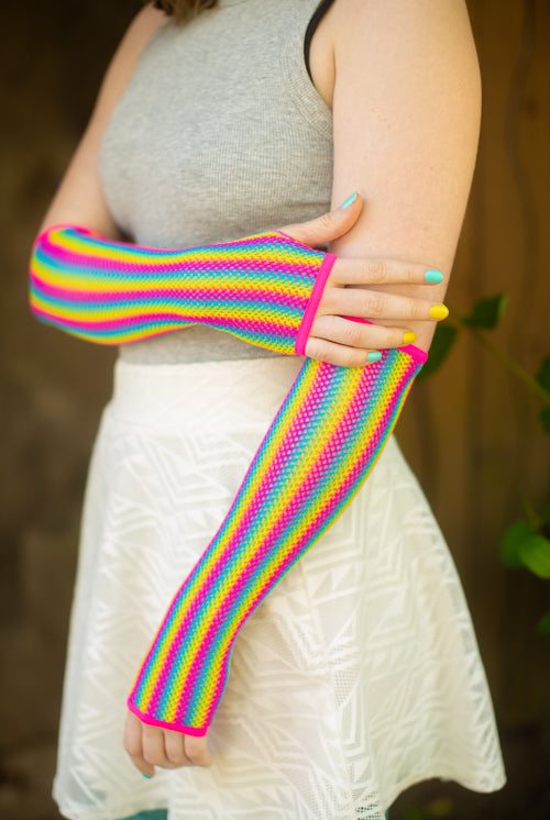 Rainbow Fishnet Arm Warmers