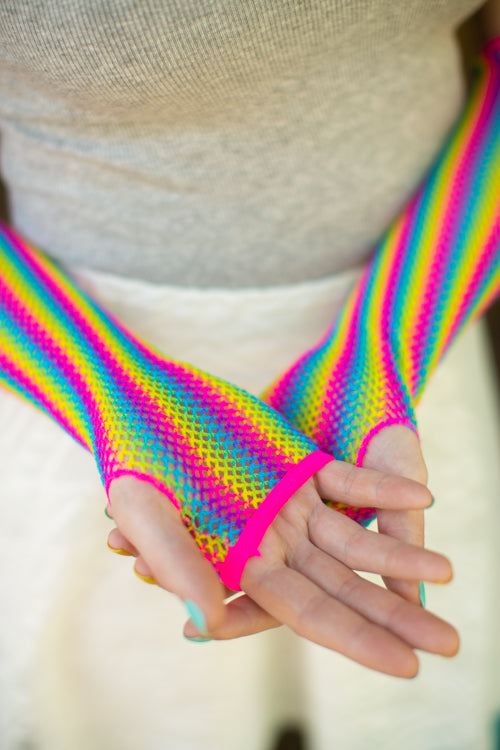 Rainbow Fishnet Arm Warmers