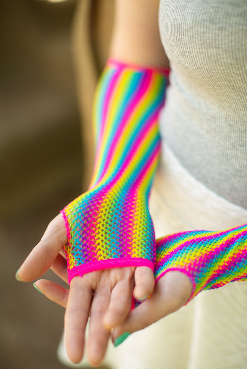 Rainbow Fishnet Arm Warmers