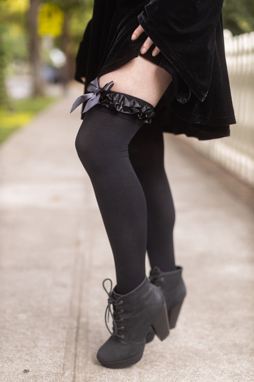 Satin Ruffle Trim Opaque Thigh High with Bow - Black