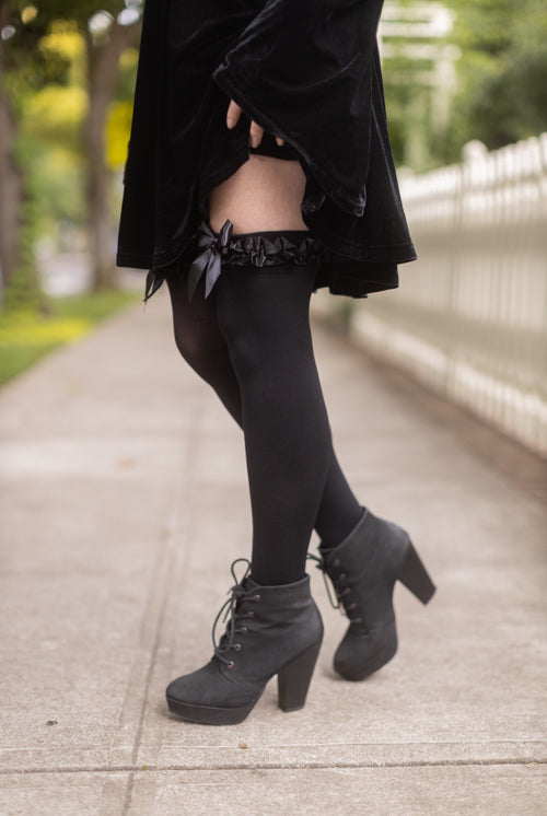 Satin Ruffle Trim Opaque Thigh High with Bow - Black
