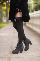 Satin Ruffle Trim Opaque Thigh High with Bow - Black