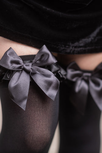 Satin Ruffle Trim Opaque Thigh High with Bow - Black