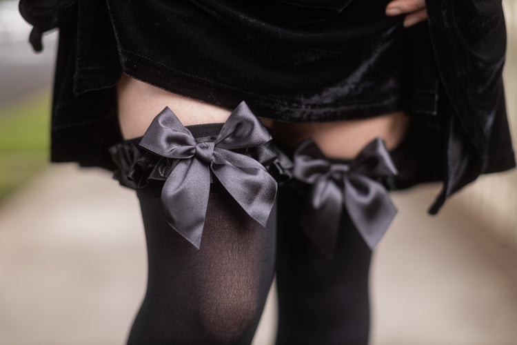 Satin Ruffle Trim Opaque Thigh High with Bow - Black