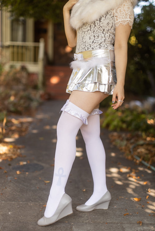 Satin Ruffle Trim Opaque Thigh High with Bow - White
