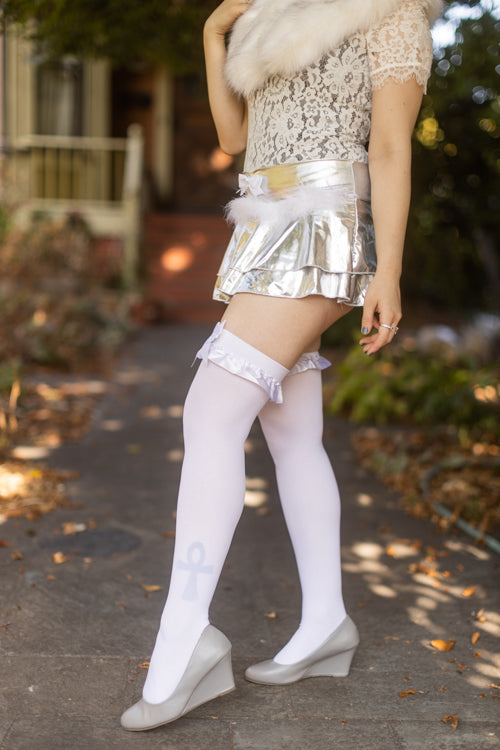 Satin Ruffle Trim Opaque Thigh High with Bow - White