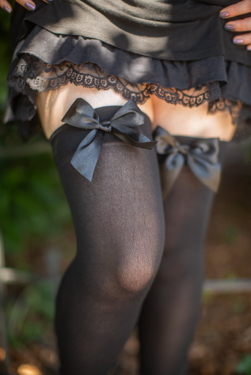 Opaque Thigh High Stockings with Bow - Black