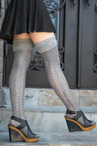 Pointelle Scrunch Top Knee Socks - Grey