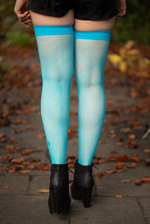 Fishnet Thigh High - Neon Blue