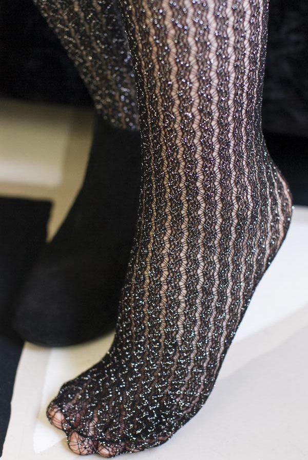 Lurex Cable Net Thigh Highs with Stay-Up Lace Top