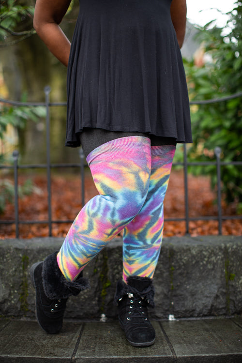 Longer Tie Dyed Extraordinary Thigh High - Black Rainbow Spiral