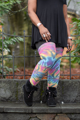 Extraordinarily Longer Tie Dye Thigh High - Black Rainbow Spiral