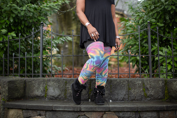 Extraordinarily Longer Tie Dye Thigh High - Black Rainbow Spiral